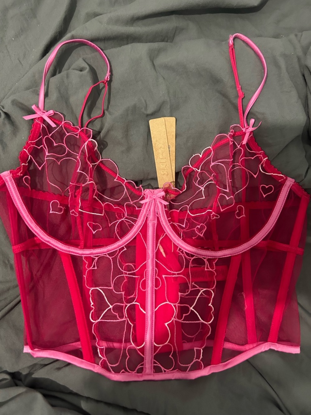 SKIMS Hot Pink Sheer Heart-Embroidered Bustier
